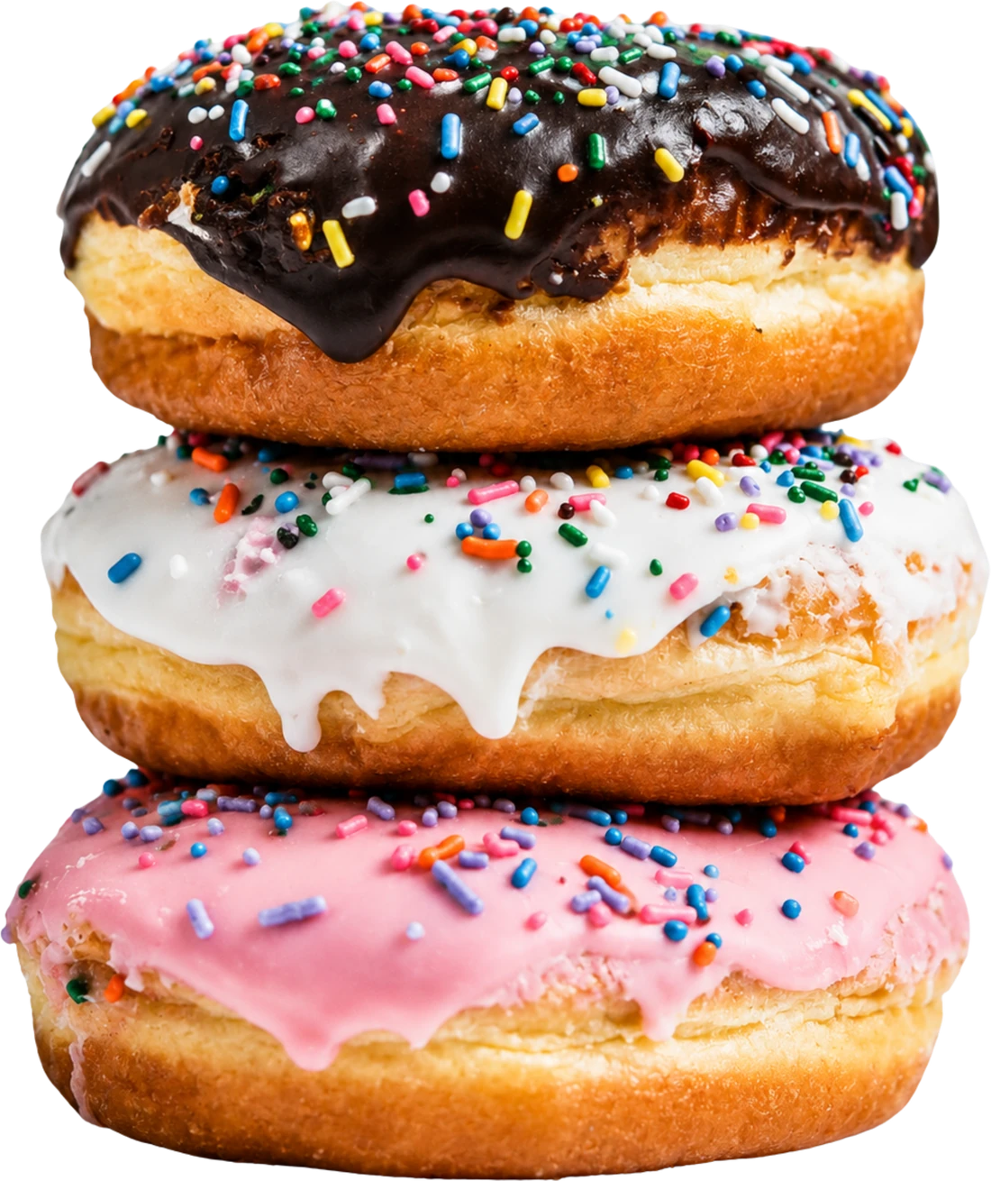 Three glazed donuts stacked: chocolate, vanilla and strawberry, all under sprinkles