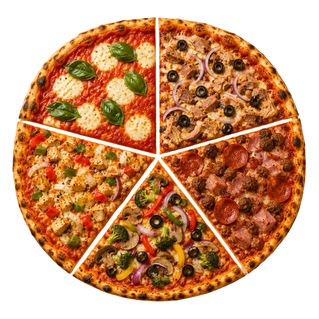 A large pizza cut into five differently topped sections