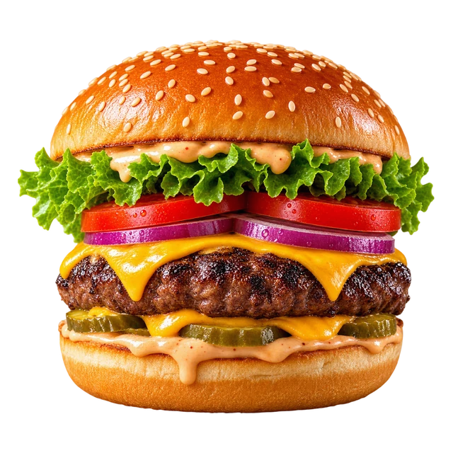 A beef burger in a sesame bun