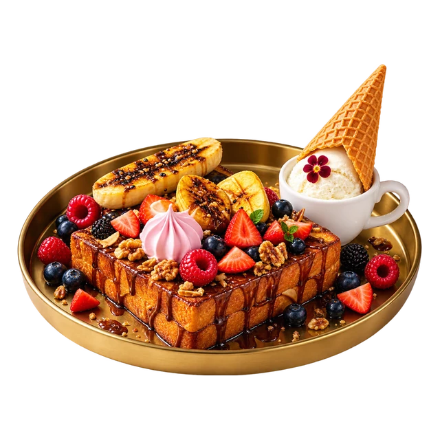 Corn flake crusted toast on a gold tray with berries, meringue and a cup of cream
