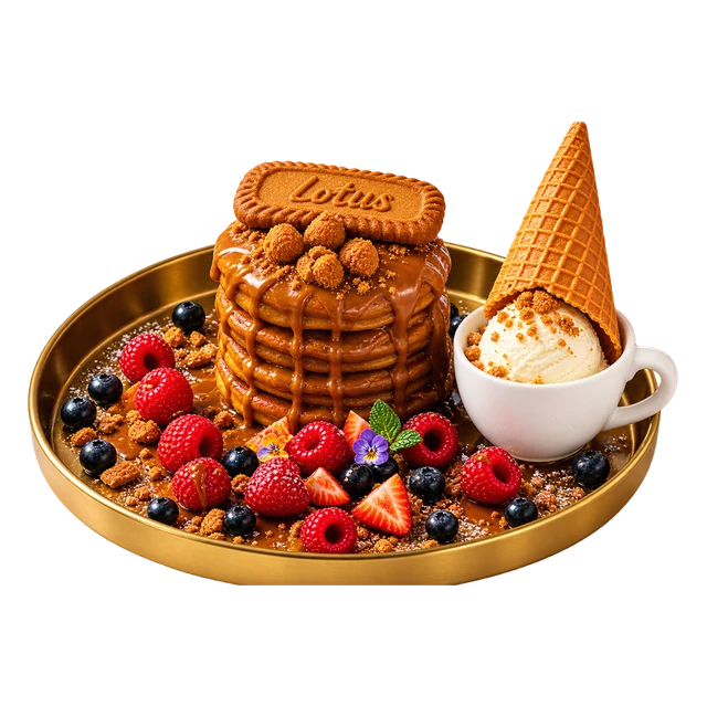 A tall stack of Lotus Biscoff pancakes crowned with a Biscoff cookie, raspberries and blackberries