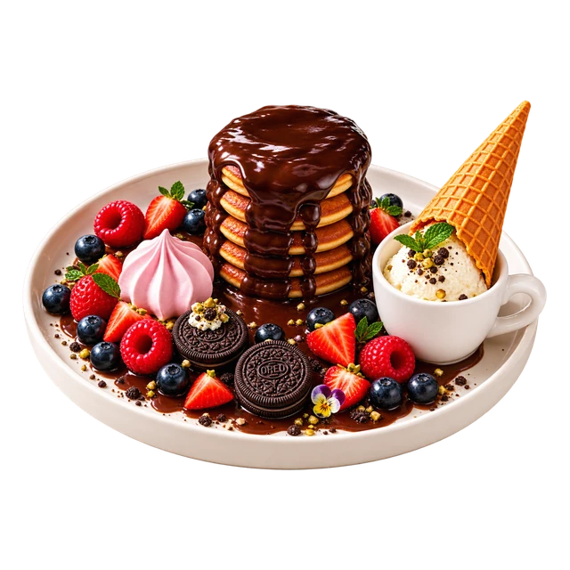 Pancake stack under a thick pour of chocolate, with an Oreo and meringue