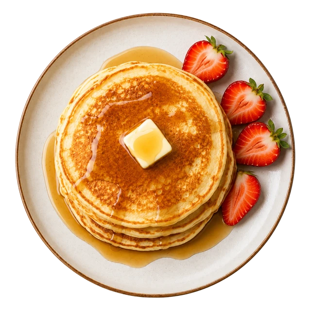 A stack of pancakes with butter, strawberries and blueberries