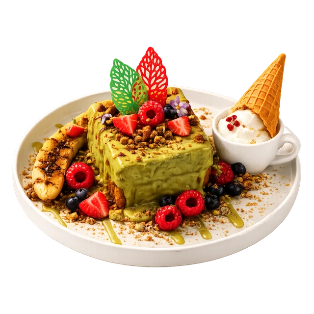 Pistachio-topped thick toast with strawberries, raspberries and chopped nuts